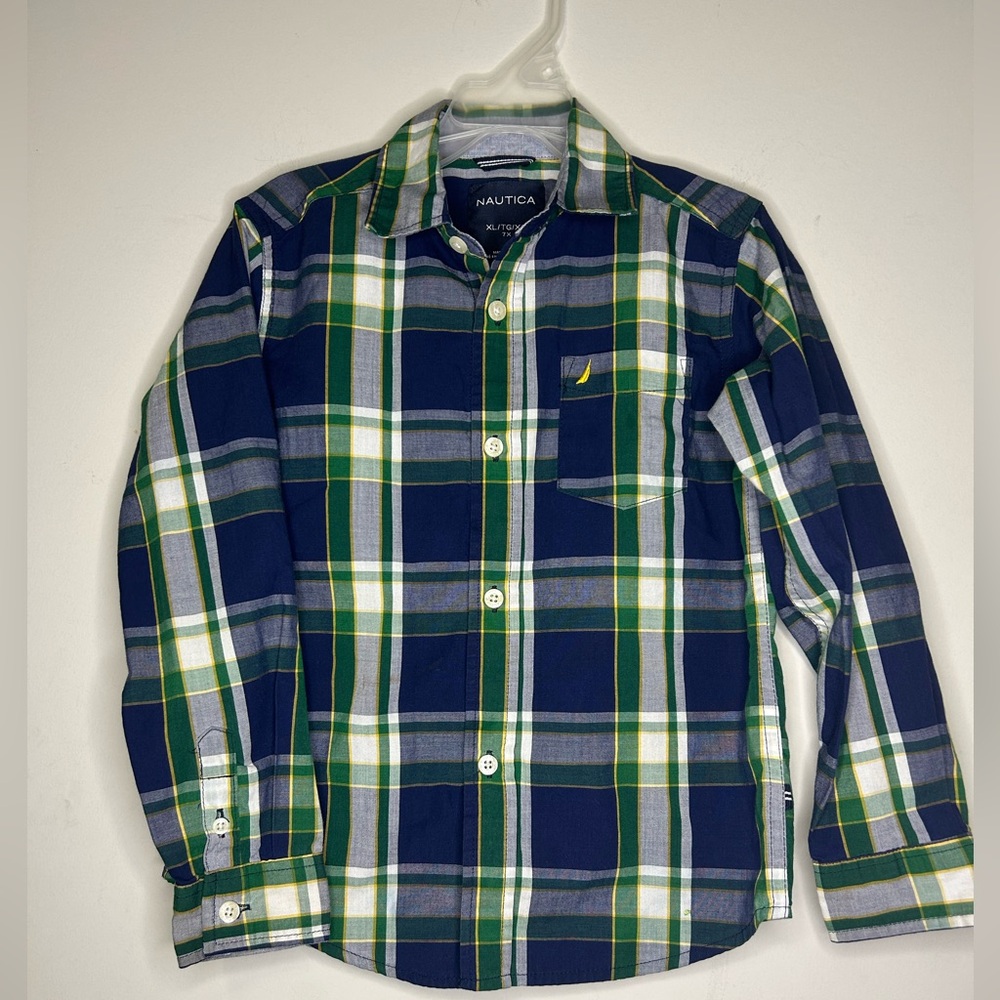 Nautica Navy and Green Checkered Shirt Boys XL 7X